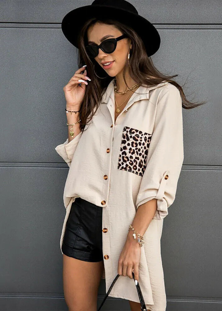 Khaki Patchwork Leopard Print Cotton Shirt Draping Long Sleeve