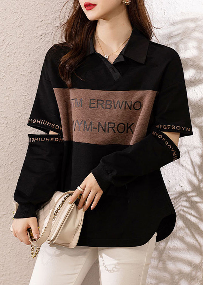 Black Peter Pan Collar Print Patchwork Cotton Sweatshirts Fall