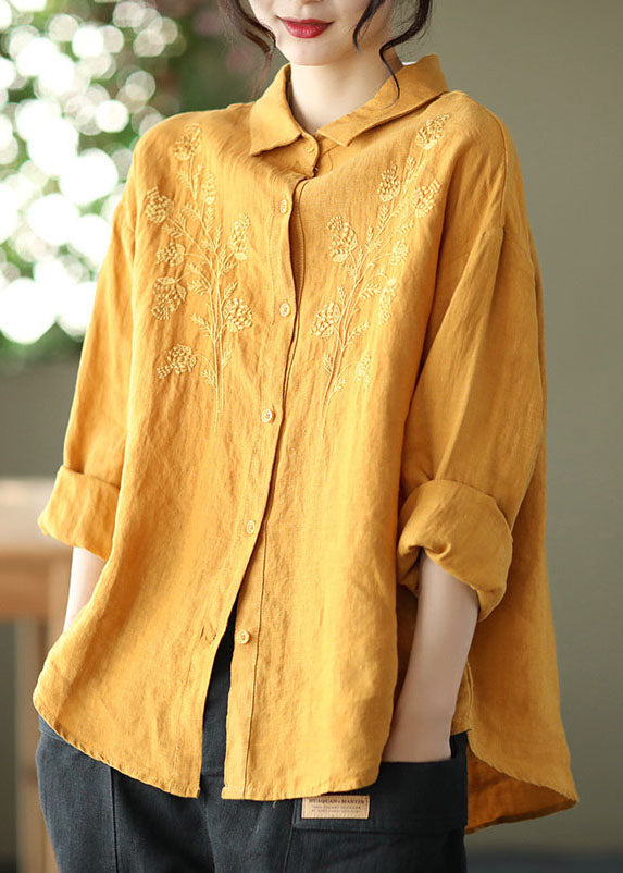 Simple Yellow Button Peter Pan Collar Embroideried Linen Blouse Top Long Sleeve