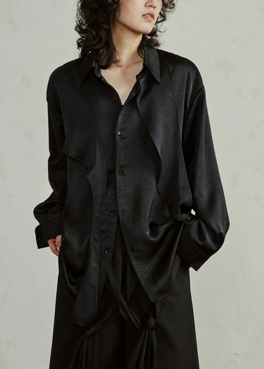 Black Asymmetrical Button Top Lantern Sleeve