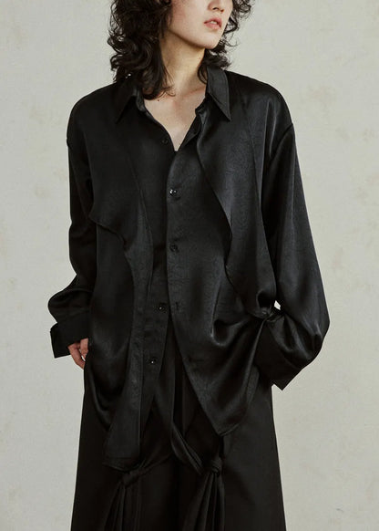 Black Asymmetrical Button Top Lantern Sleeve