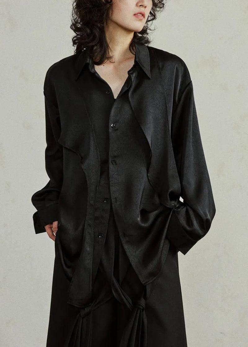 Black Asymmetrical Button Top Lantern Sleeve