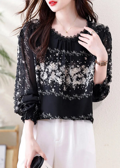 Italian Black Print Draping Chiffon Tops Fall