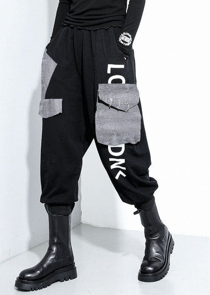 Black Pockets Cotton Harem Pants Spring