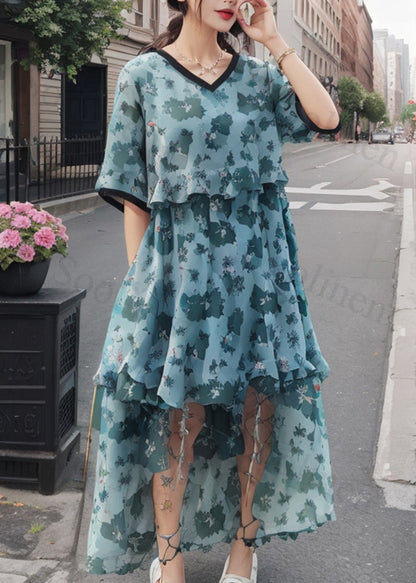 Blue Ruffled Print Hollow Out Silk Dresses Summer