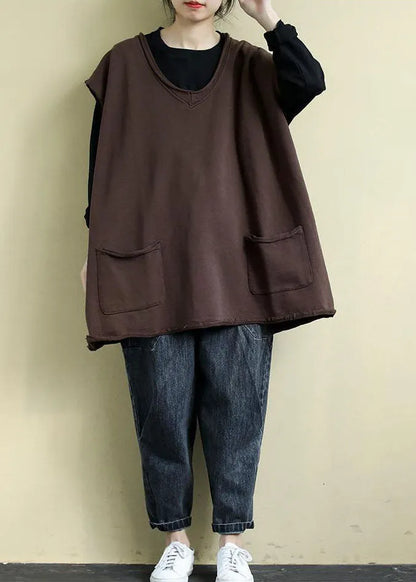 Modern Chocolate V Neck Oversized Color Cotton Vests Fall