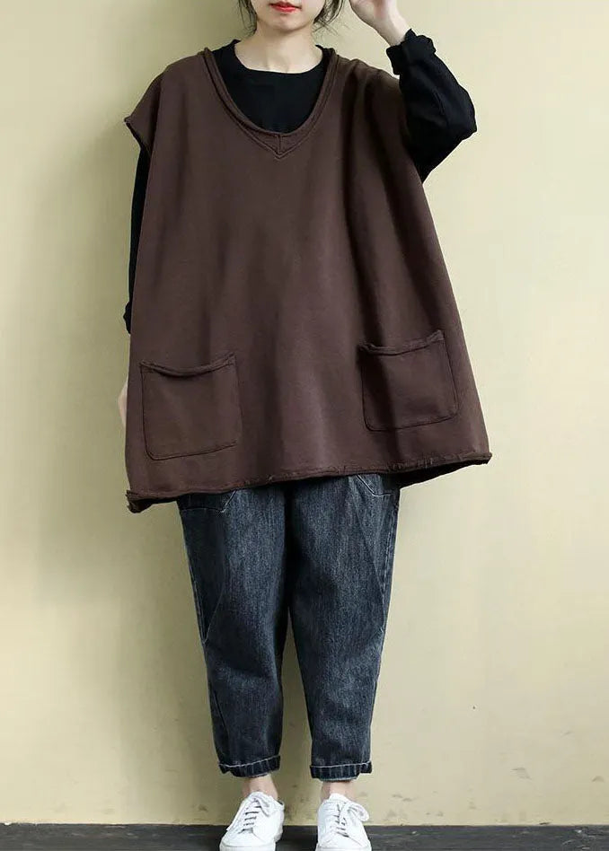 Modern Chocolate V Neck Oversized Color Cotton Vests Fall