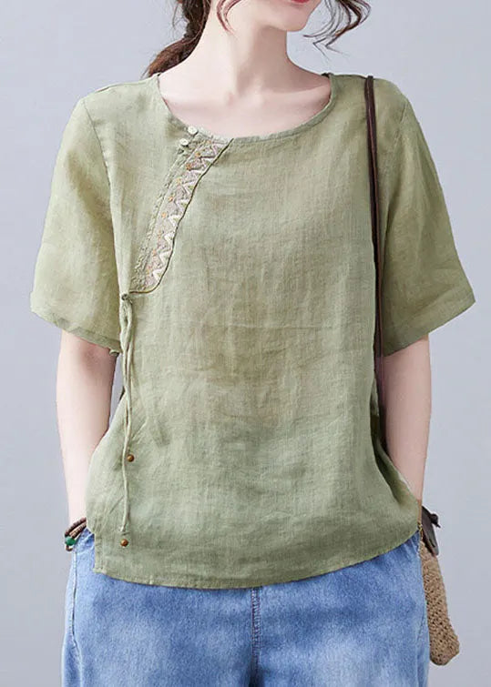 Green O-neck Embroidery Shirt Short Sleeve