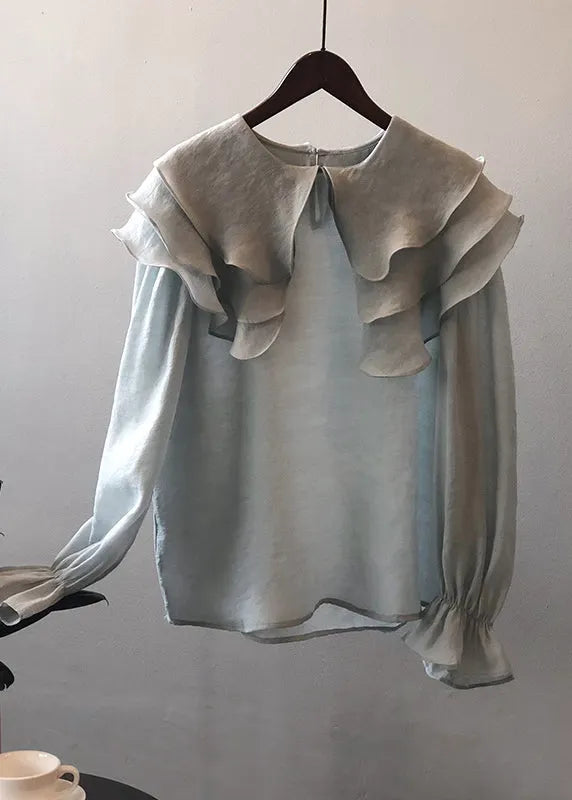 New Light Blue Ruffled Puff Sleeve Patchwork Shirt Top