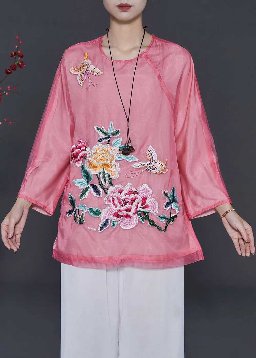 Pink Embroidered Organza Blouses Summer