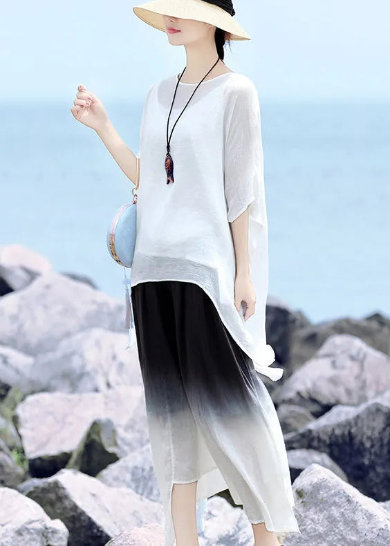 Stylish White O-neck Asymmetrical Design Linen Loose Tops Half Sleeve