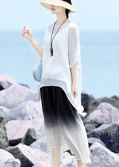 Stylish White O-neck Asymmetrical Design Linen Loose Tops Half Sleeve