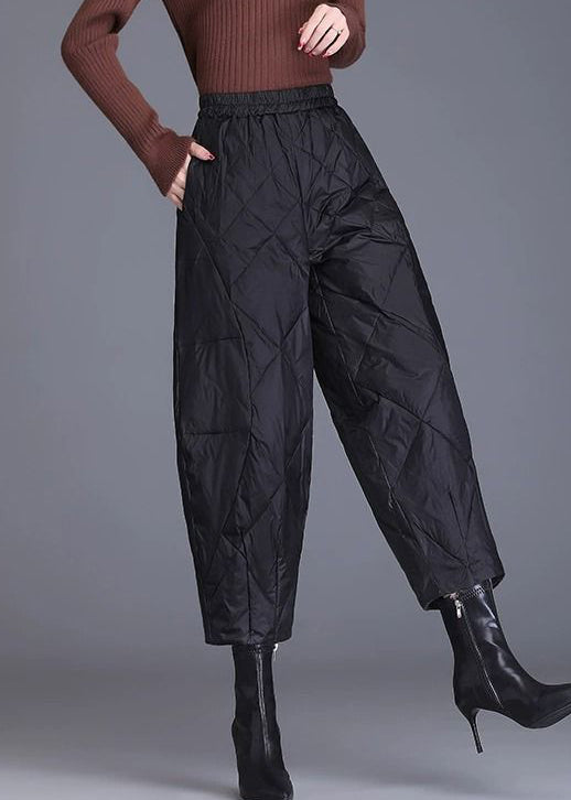Black Plaid Fine Cotton Filled Crop Pants Elastic Waist