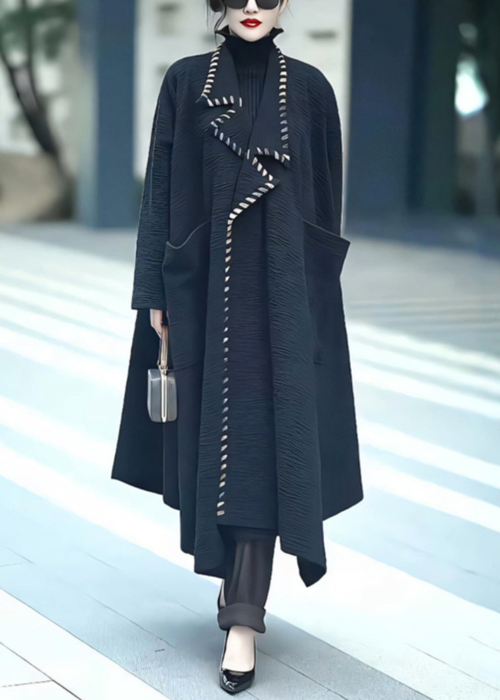Loose Black Notched Pockets Cotton Coats Winter