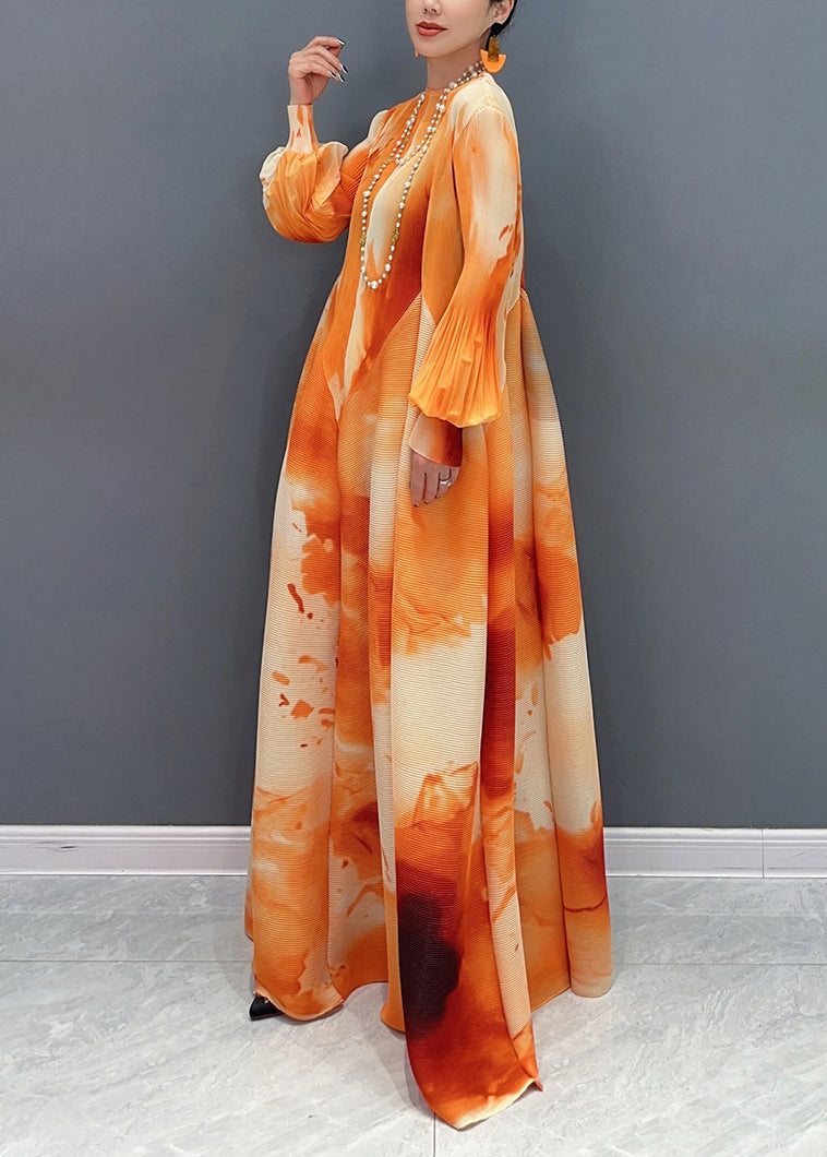 Orange Stand Collar Wrinkled Chiffon Long Dress Spring