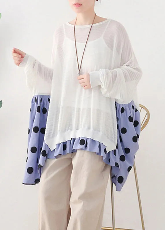 White O-neck Dot Patchwork Cotton Knit Tops Batwing Sleeve