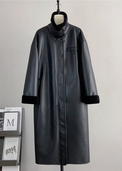 Boutique Black Stand Collar Leather and Fur Warm Coat Winter