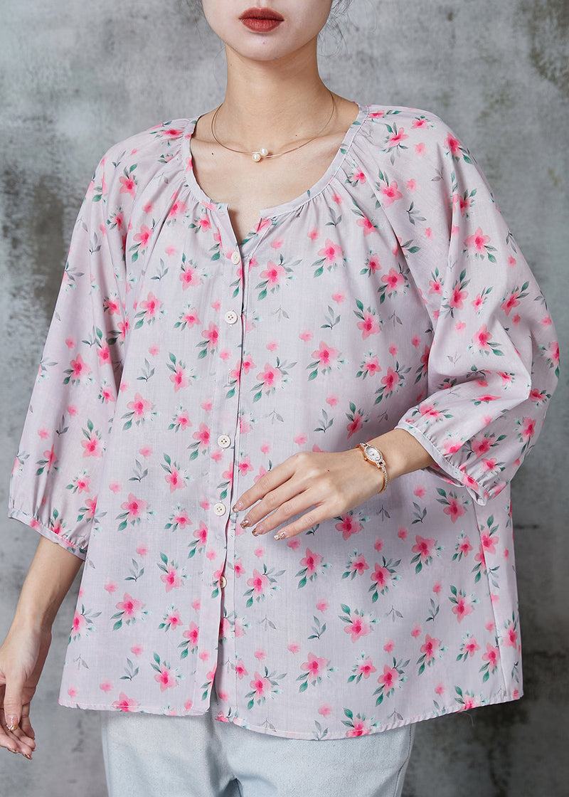 Pink Print Cotton Shirt Tops O-neck Bracelet Sleeve