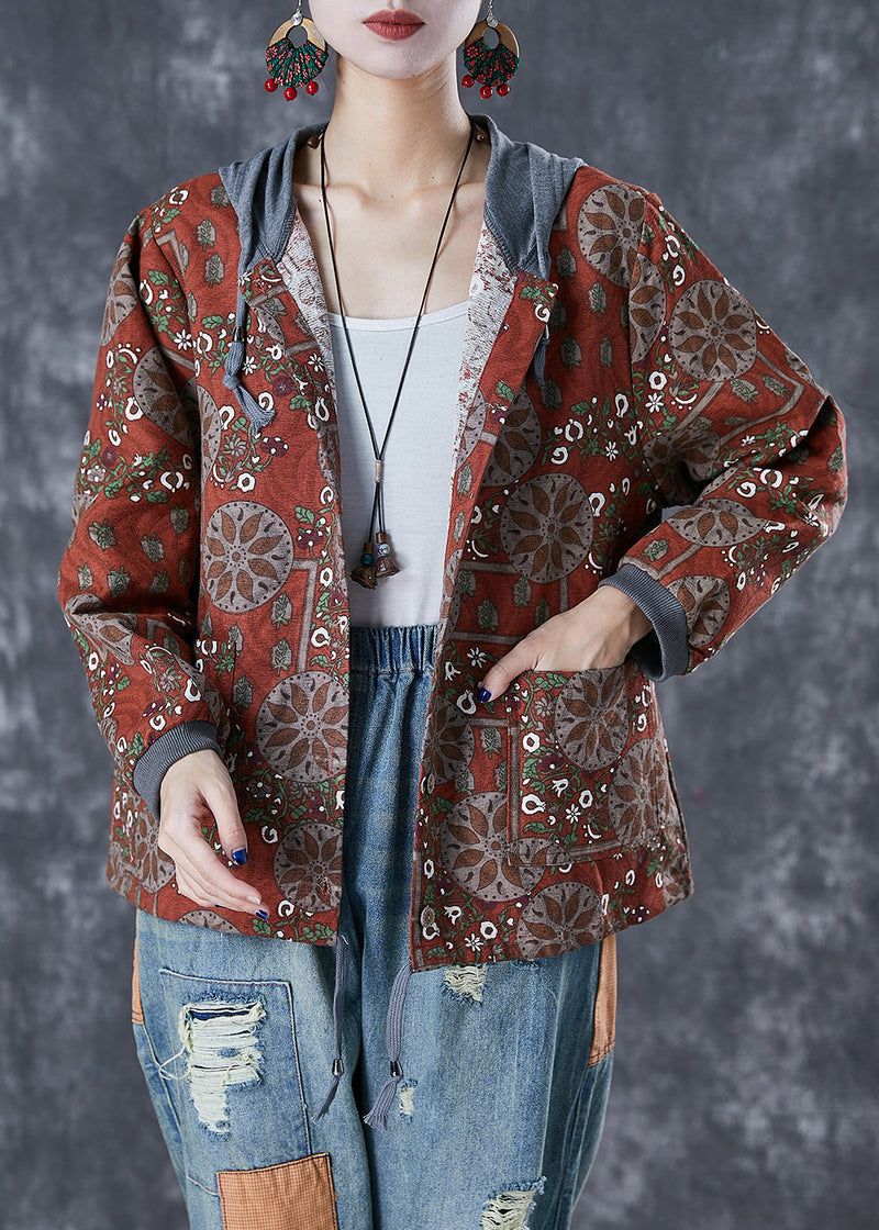 Orange Red Hooded Print Cotton Jacket Fall
