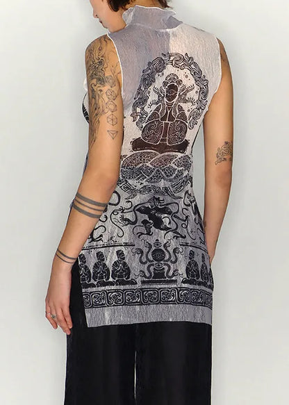 Slim Fit Print Side Open Tulle Tank Sleeveless