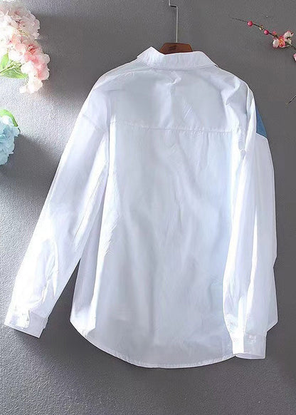 Diy White Patchwork Denim Cotton Fake Two Piece Blouse Tops Spring