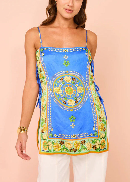 Blue Lace Up Print Silk Spaghetti Strap Tank Sleeveless