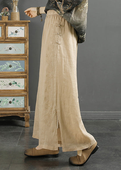 Blackish Green Embroideried Side Open Linen Crop Pants Spring
