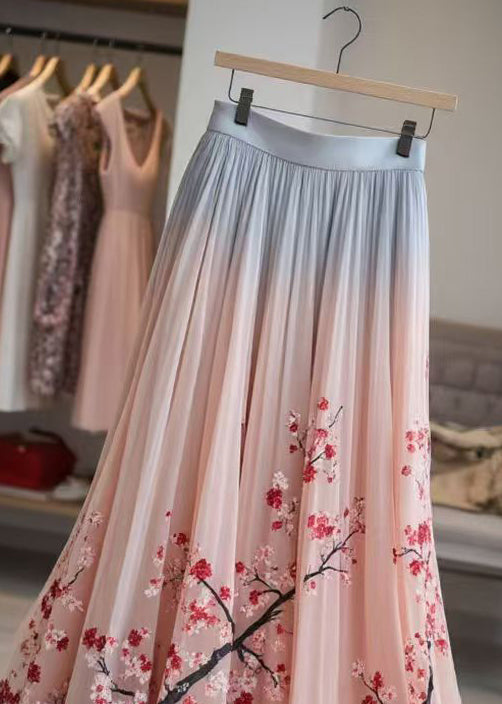 Pink Print Elastic Waist Chiffon Pleated Skirt Summer