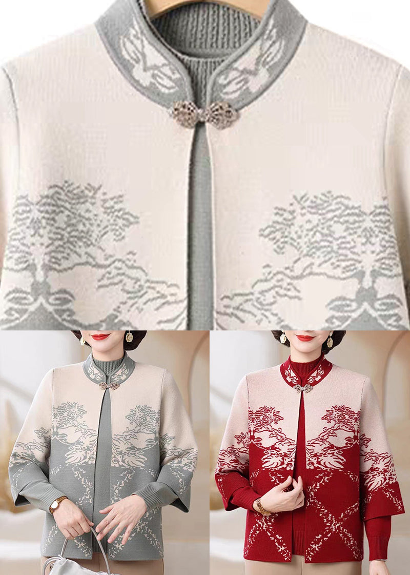 Chinese Style Blue Stand Collar Cotton Knit Cardigans and Sweater Two Pieces Set Fall
