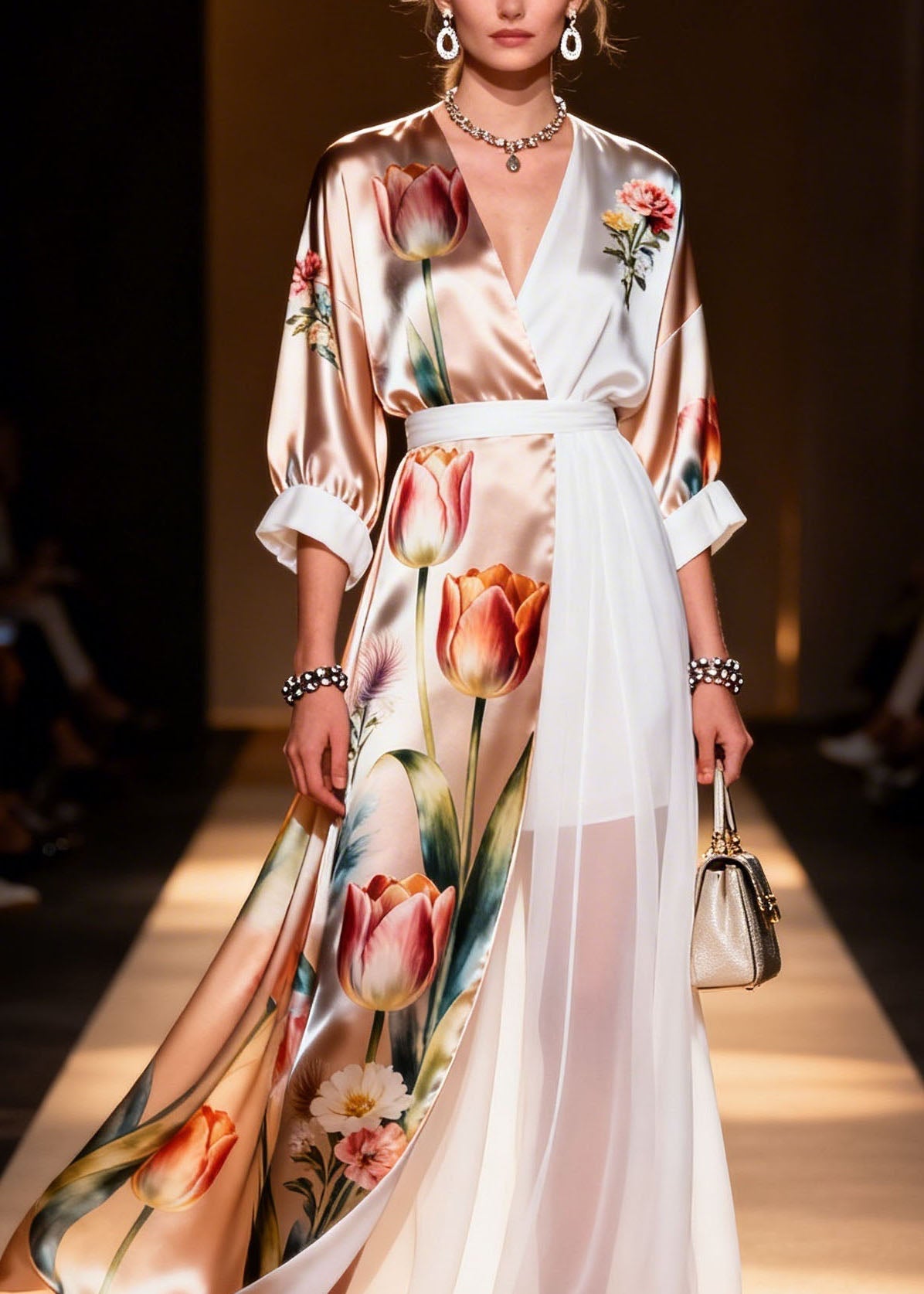 Colorblock V Neck Print Chiffon Dress Summer