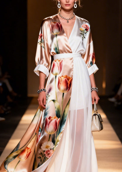 Colorblock V Neck Print Chiffon Dress Summer