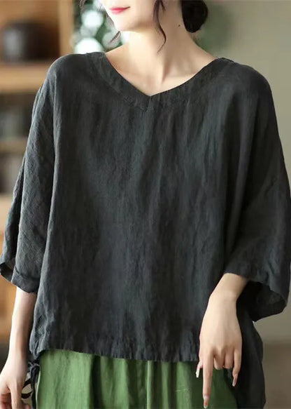 Green O-neck Embroideried Linen Top Long Sleeve