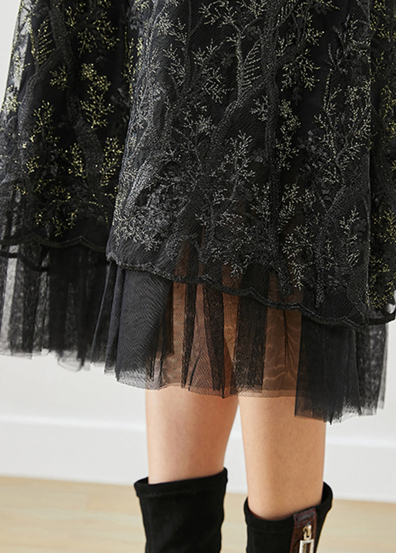 Black Embroideried Patchwork Knit Dresses Fall