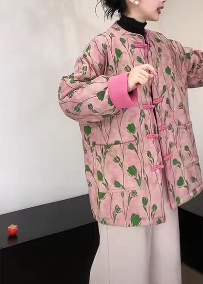 Pink Stand Collar Pockets Print Fine Cotton Filled Coat Winter
