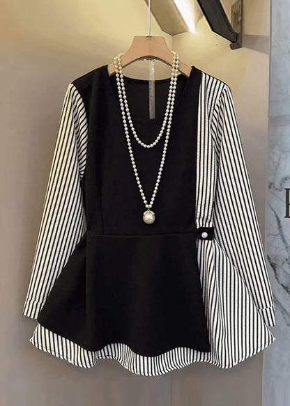 Black Oversized Patchwork Cotton Fake Two Piece Tops Fall