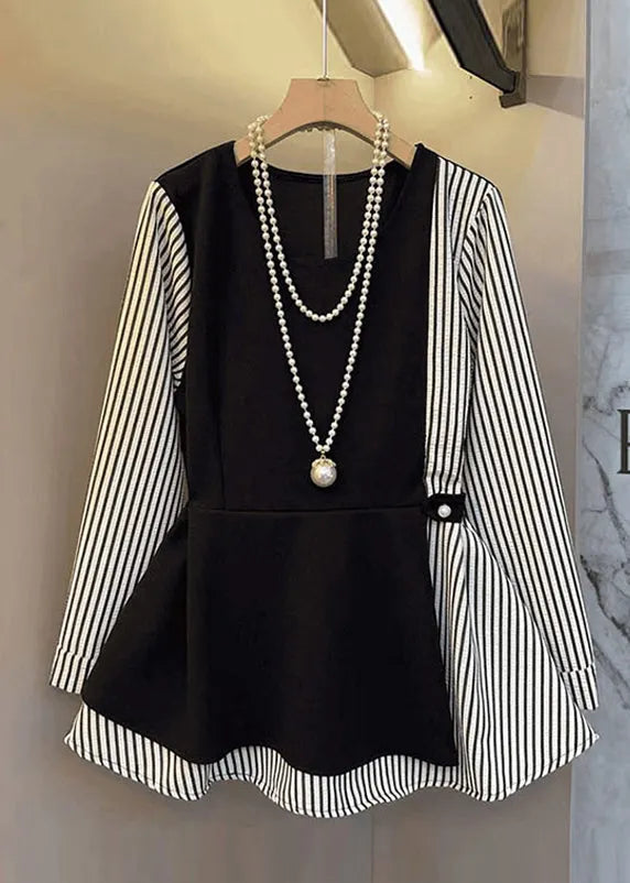 Black Oversized Patchwork Cotton Fake Two Piece Tops Fall