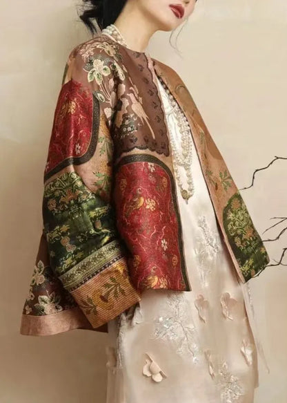 Chinese Style Yellow O-neck Print Silk Coats Spring