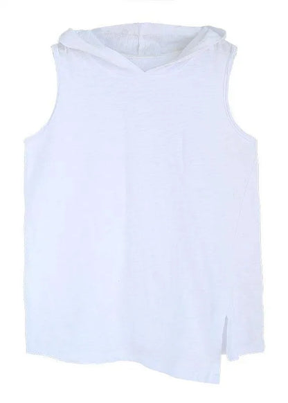 White Hooded Asymmetrical Design Summer Cotton Top Sleeveless