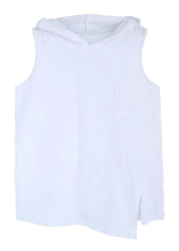 White Hooded Asymmetrical Design Summer Cotton Top Sleeveless