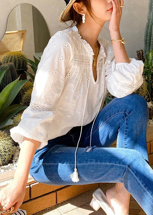 White Ruffled Hollow Out Lace Up Cotton Shirt Spring