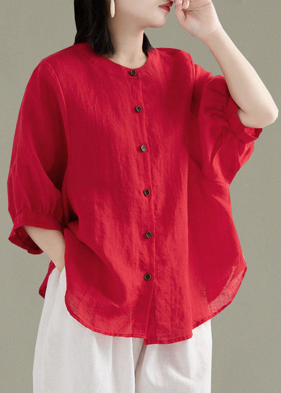 Art White Flowers O-neck Button Linen Loose Shirt Top Lantern Sleeve
