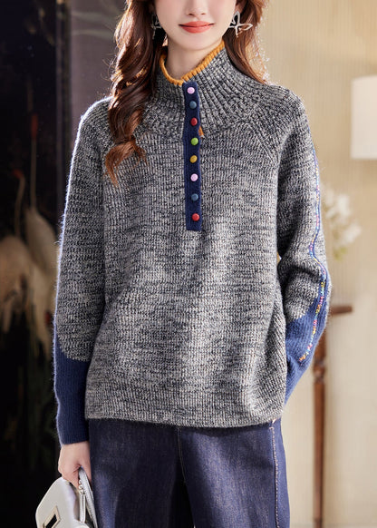Loose Grey Turtleneck Cozy Patchwork Knit Sweaters Spring