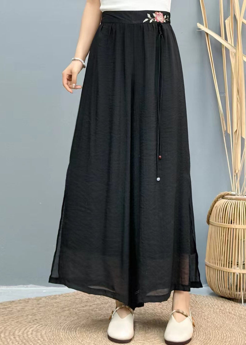 Black Tasseled Embroidered Linen Wide Leg Pants Summer