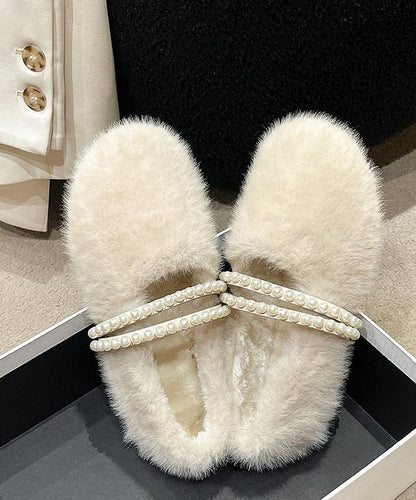 Stylish Beige Fuzzy Fur Nail Bead Splicing Flat Feet Shoes