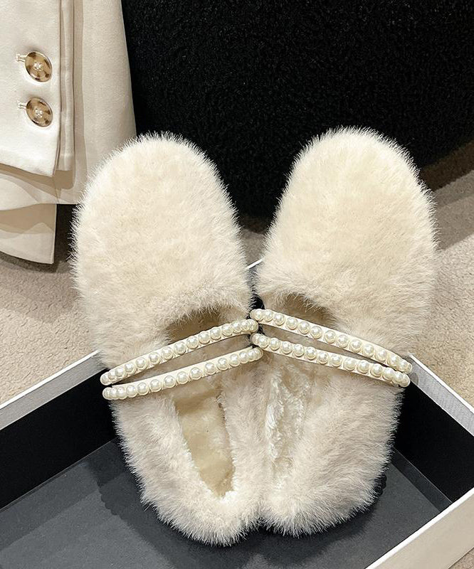 Stylish Beige Fuzzy Fur Nail Bead Splicing Flat Feet Shoes