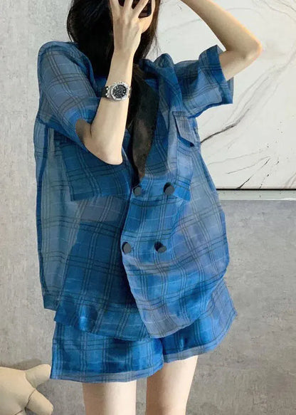 Blue Peter Pan Collar Plaid Patchwork Top Hot Pants Two-piece Set Short Sleeve
