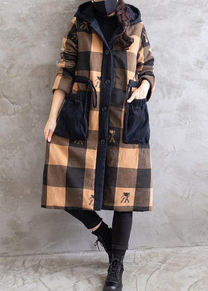 Oversize Coats Yellow Plaid Hooded Drawstring Parkas Coats