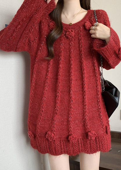 Red Decorated Knit Sweaters Oversized Fall