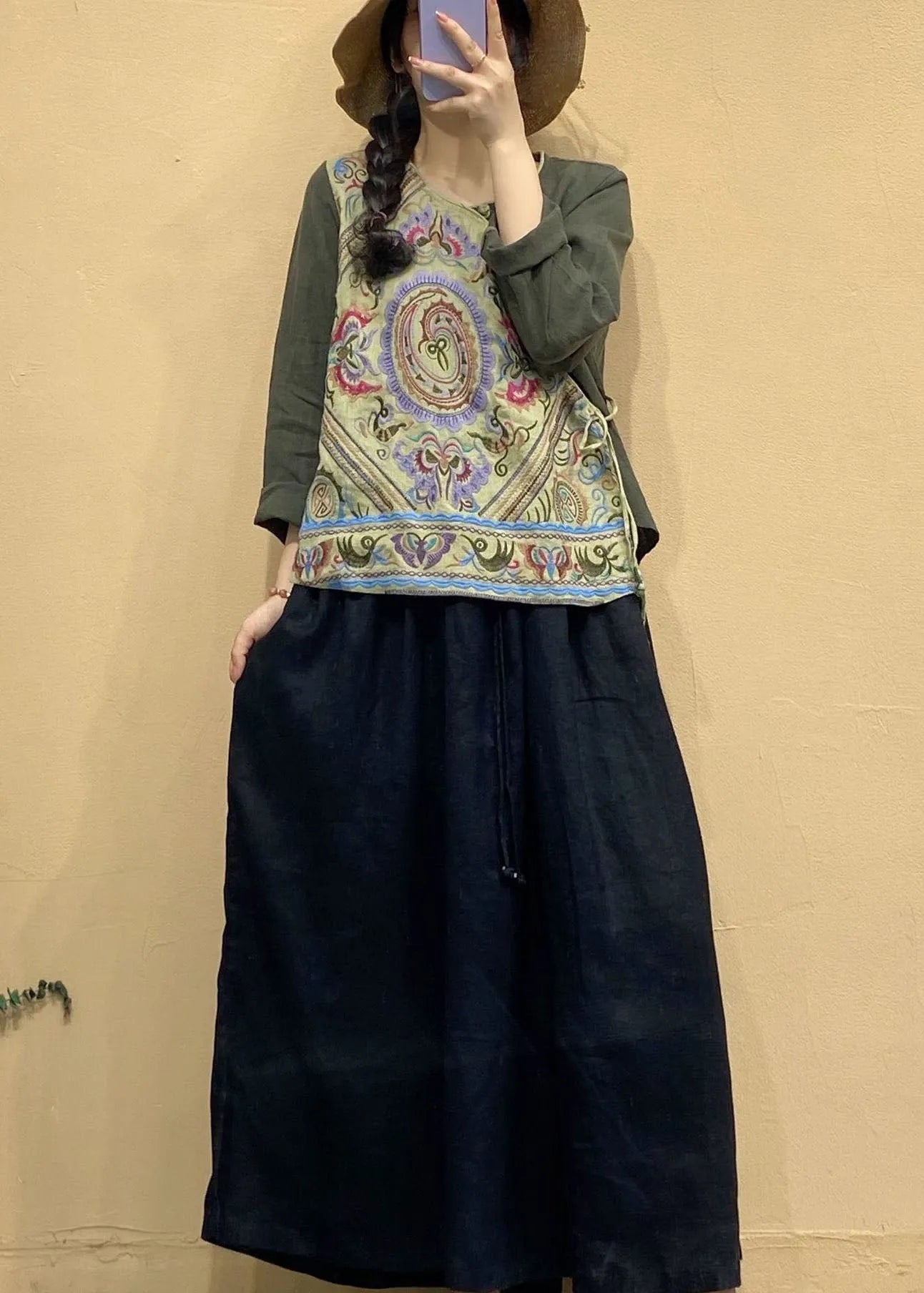Army Green Embroideried Linen Tops Asymmetrical Long Sleeve