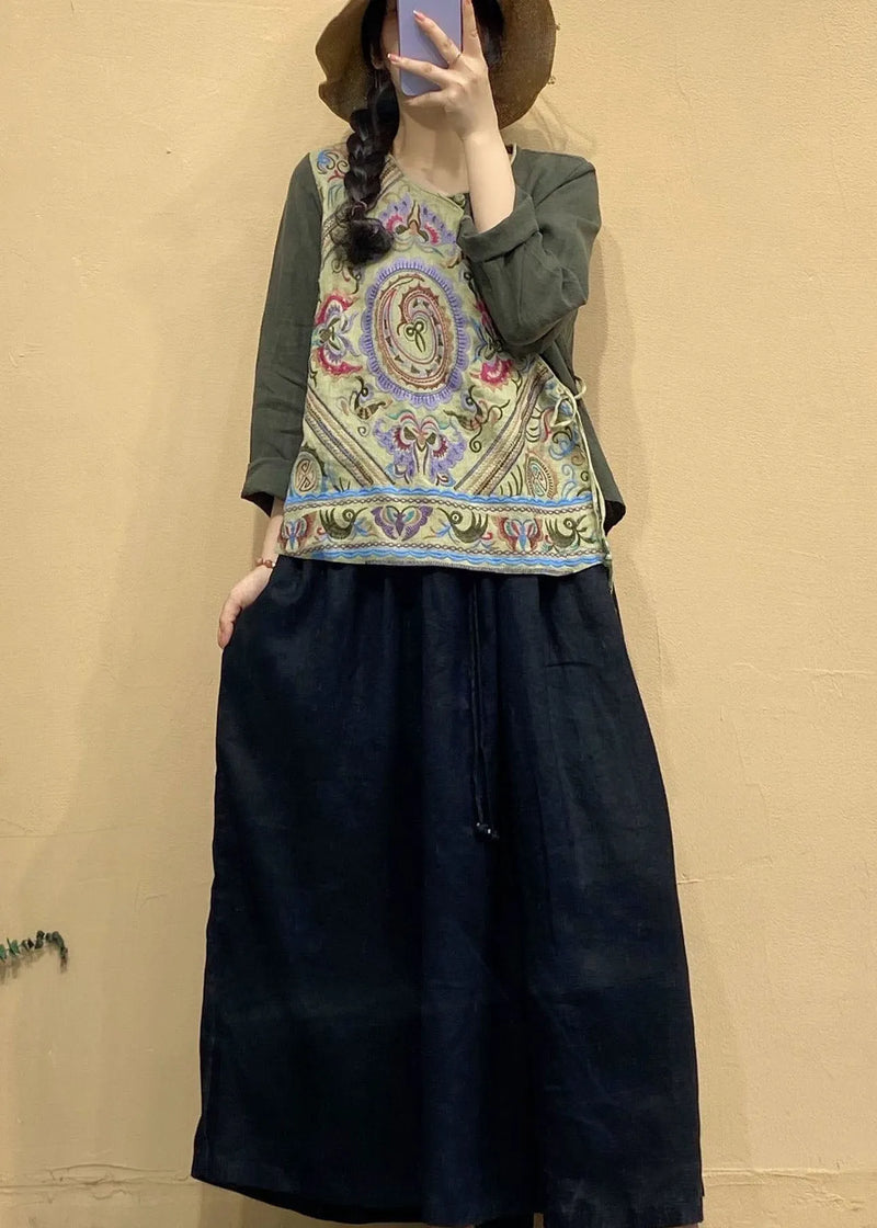 Army Green Embroideried Linen Tops Asymmetrical Long Sleeve